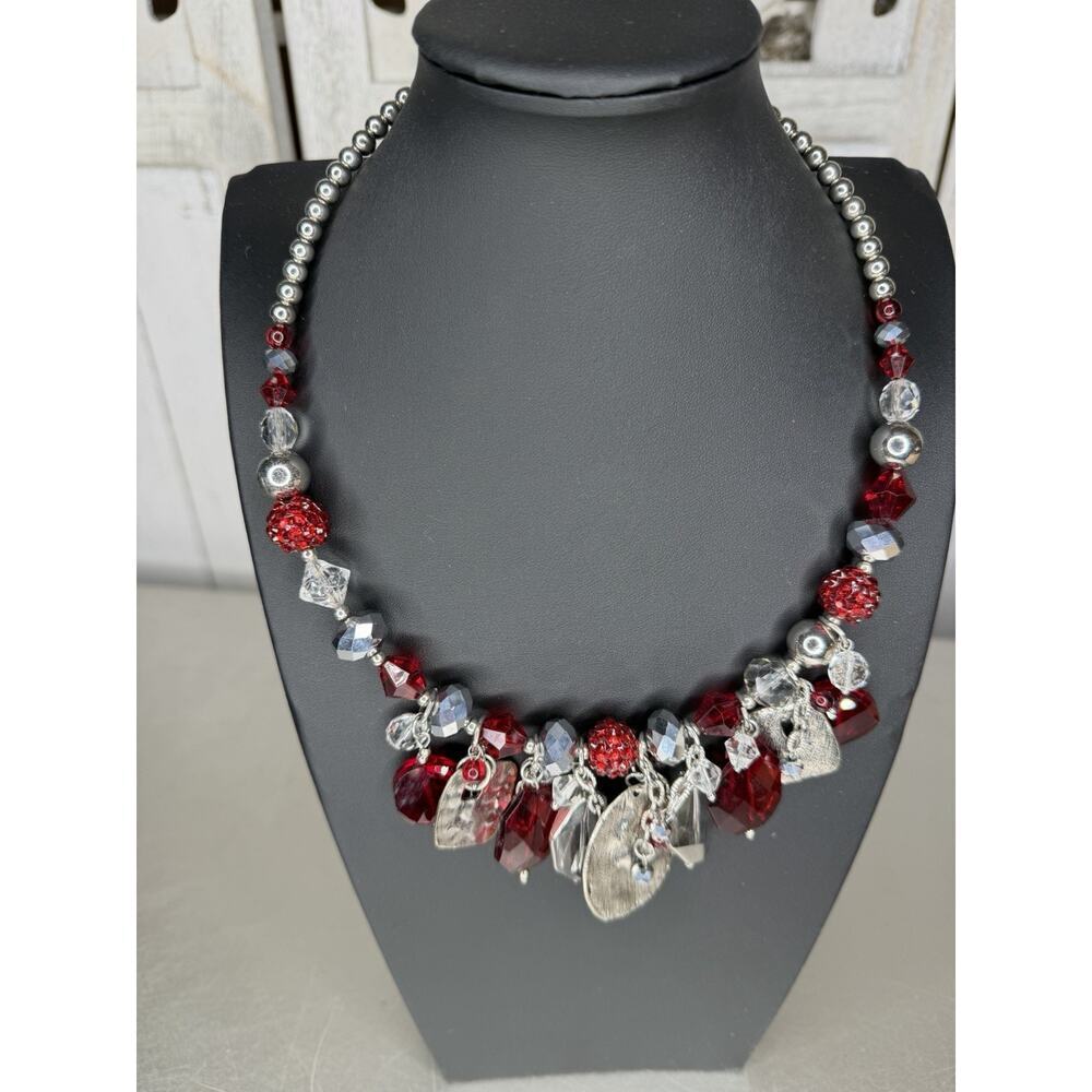 Vintage Choker Link Chain Clear Red Silver Bead Dangles Necklace Statement